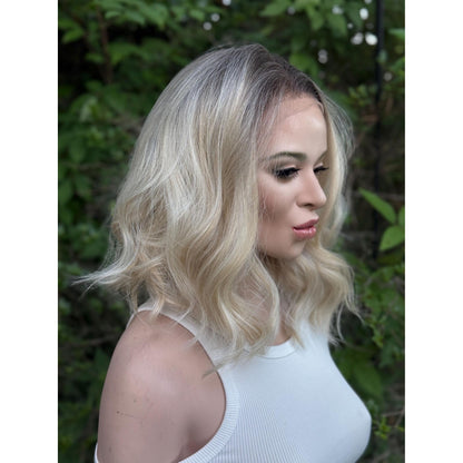 DIXIE Champagne Blonde Bob Wig, 12” Textured Tousled Human Hair Blend Lace Front Wig