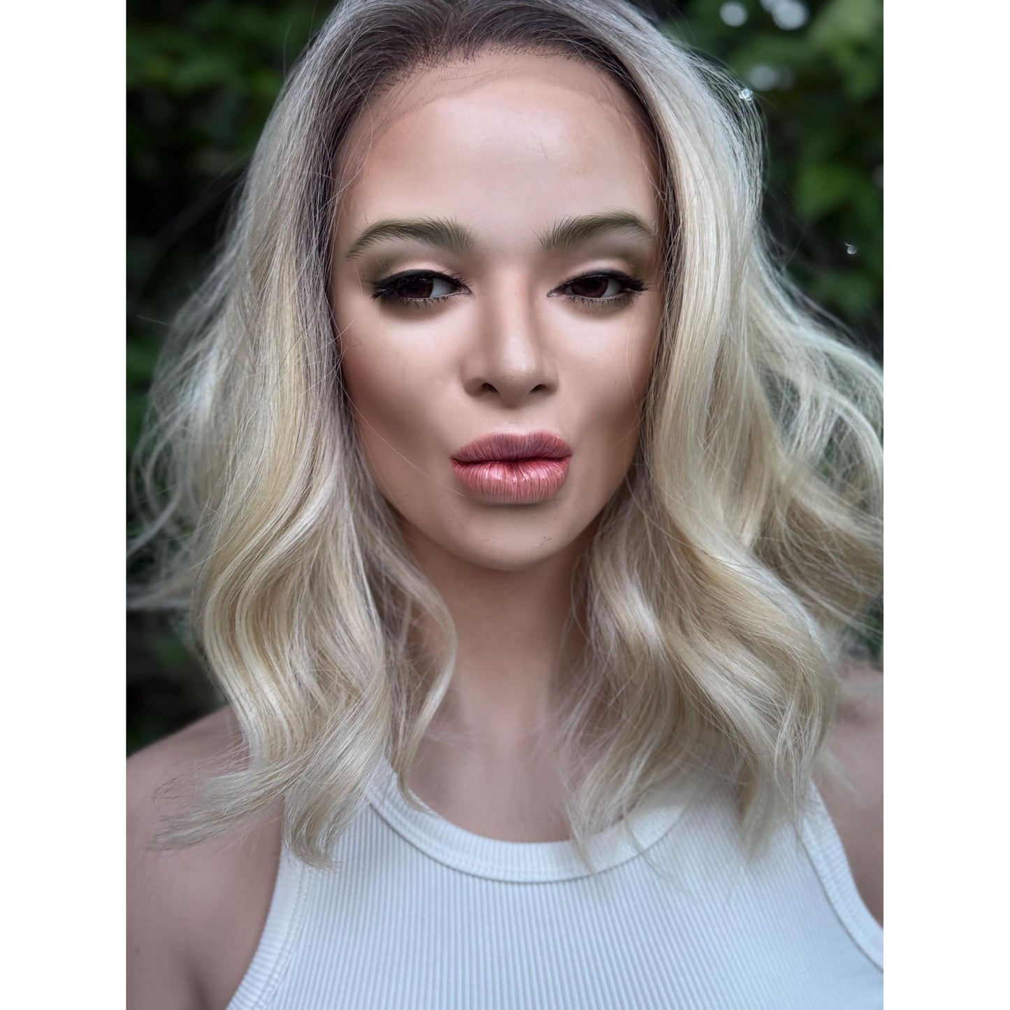 DIXIE Champagne Blonde Bob Wig, 12” Textured Tousled Human Hair Blend Lace Front Wig