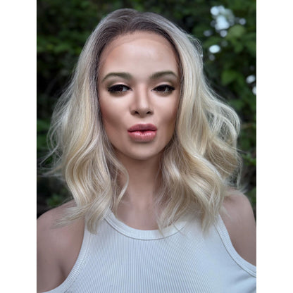 DIXIE Champagne Blonde Bob Wig, 12” Textured Tousled Human Hair Blend Lace Front Wig