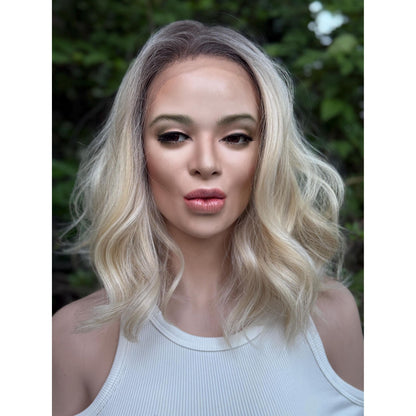 DIXIE Champagne Blonde Bob Wig, 12” Textured Tousled Human Hair Blend Lace Front Wig