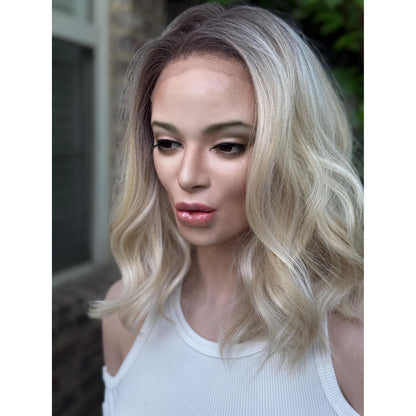 DIXIE Champagne Blonde Bob Wig, 12” Textured Tousled Human Hair Blend Lace Front Wig