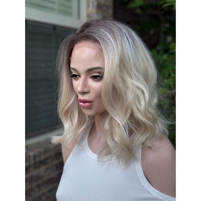 DIXIE Champagne Blonde Bob Wig, 12” Textured Tousled Human Hair Blend Lace Front Wig