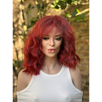 Crimson Red Ombré Dark Lowlight Beach Wavy Bangs Human Hair Blend Lace Front Wig