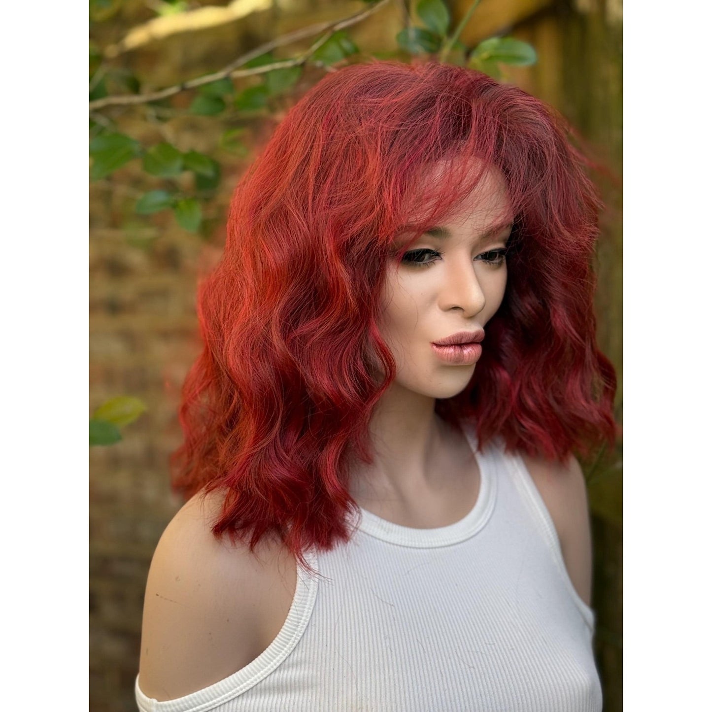Crimson Red Ombré Dark Lowlight Beach Wavy Bangs Human Hair Blend Lace Front Wig