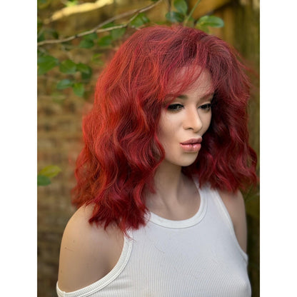 Crimson Red Ombré Dark Lowlight Beach Wavy Bangs Human Hair Blend Lace Front Wig