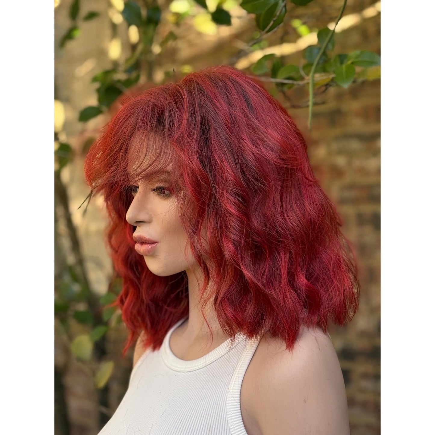 Crimson Red Ombré Dark Lowlight Beach Wavy Bangs Human Hair Blend Lace Front Wig