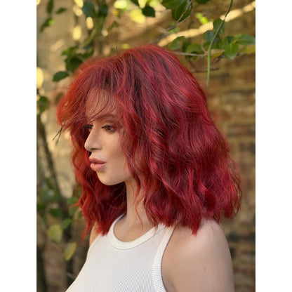 Crimson Red Ombré Dark Lowlight Beach Wavy Bangs Human Hair Blend Lace Front Wig