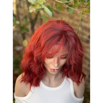 Crimson Red Ombré Dark Lowlight Beach Wavy Bangs Human Hair Blend Lace Front Wig