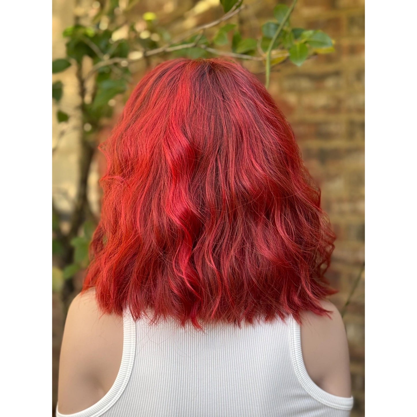Crimson Red Ombré Dark Lowlight Beach Wavy Bangs Human Hair Blend Lace Front Wig
