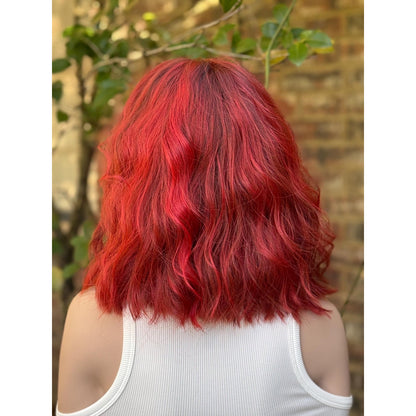 Crimson Red Ombré Dark Lowlight Beach Wavy Bangs Human Hair Blend Lace Front Wig