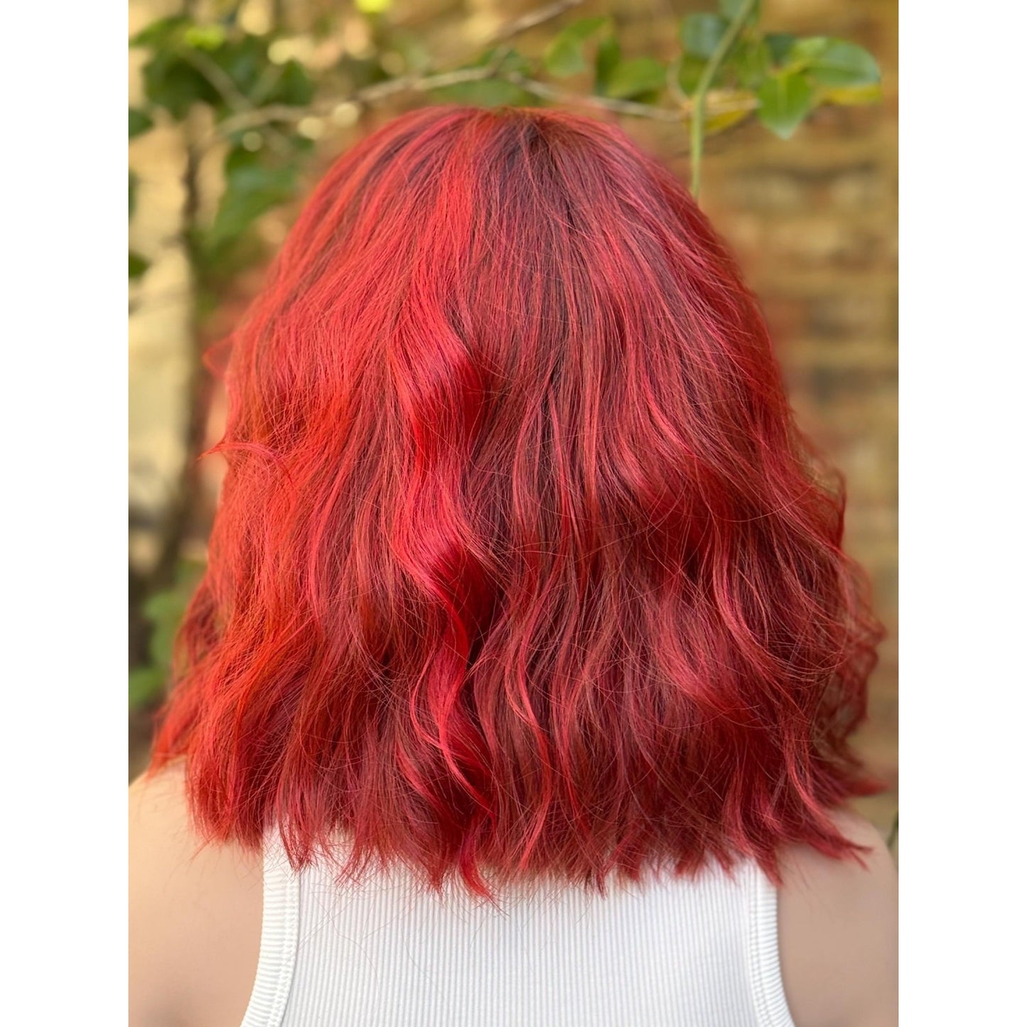 Crimson Red Ombré Dark Lowlight Beach Wavy Bangs Human Hair Blend Lace Front Wig