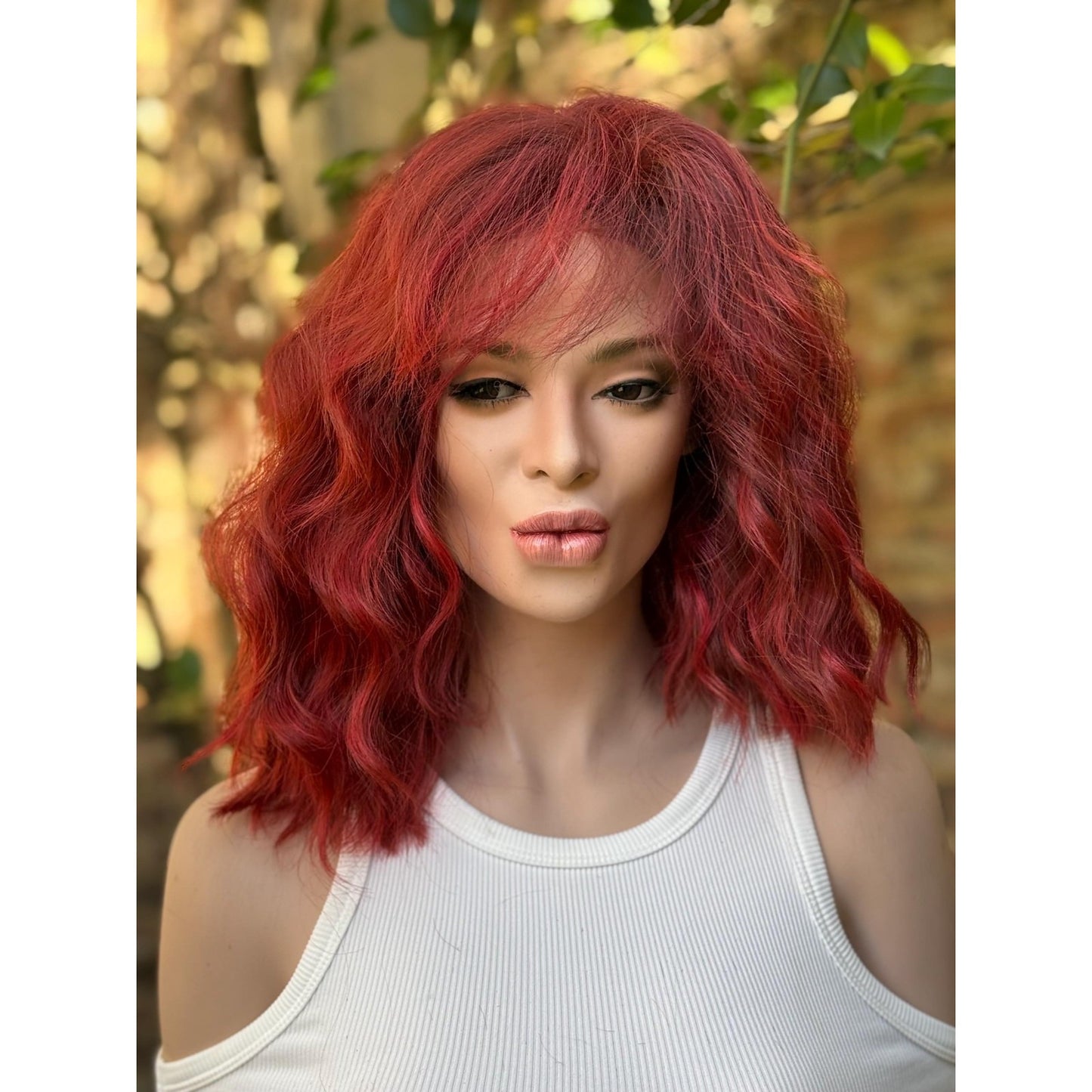Crimson Red Ombré Dark Lowlight Beach Wavy Bangs Human Hair Blend Lace Front Wig