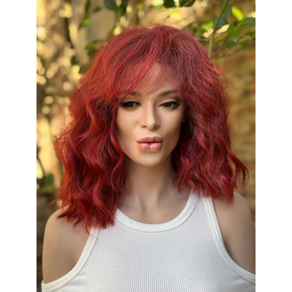 Crimson Red Ombré Dark Lowlight Beach Wavy Bangs Human Hair Blend Lace Front Wig
