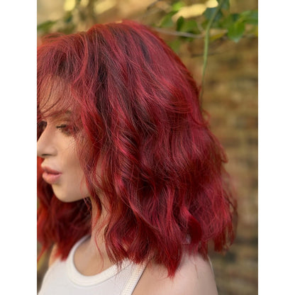 Crimson Red Ombré Dark Lowlight Beach Wavy Bangs Human Hair Blend Lace Front Wig