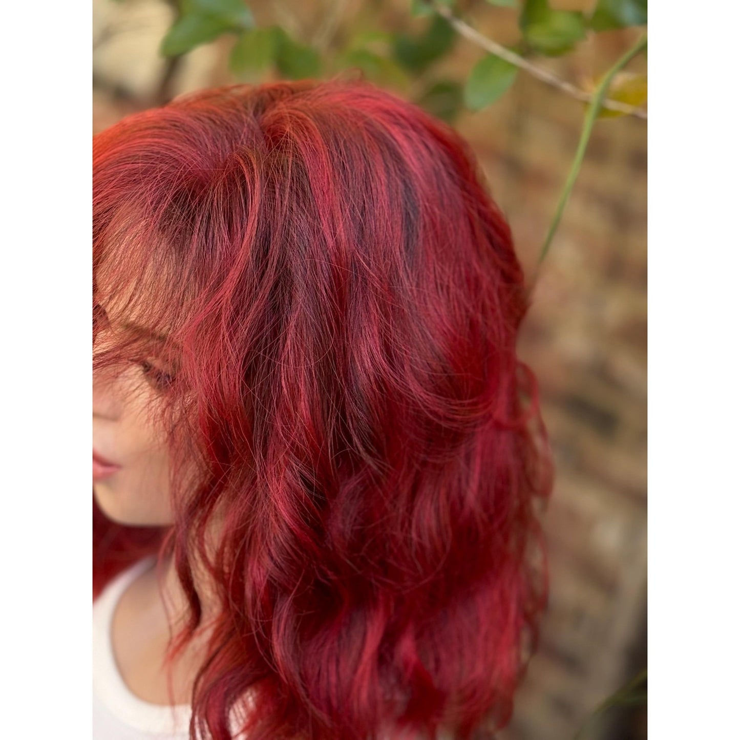 Crimson Red Ombré Dark Lowlight Beach Wavy Bangs Human Hair Blend Lace Front Wig