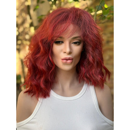 Crimson Red Ombré Dark Lowlight Beach Wavy Bangs Human Hair Blend Lace Front Wig