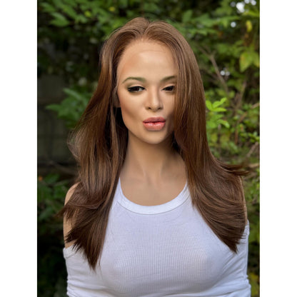 DIANA Medium Warm Brown Wig, Lace Front, 13x6 Hand-Tied, Human Hair Blend, Reverse Blowout Hairstyle 15” Layered