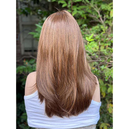DIANA Medium Warm Brown Wig, Lace Front, 13x6 Hand-Tied, Human Hair Blend, Reverse Blowout Hairstyle 15” Layered