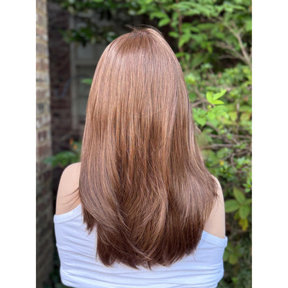 DIANA Medium Warm Brown Wig, Lace Front, 13x6 Hand-Tied, Human Hair Blend, Reverse Blowout Hairstyle 15” Layered
