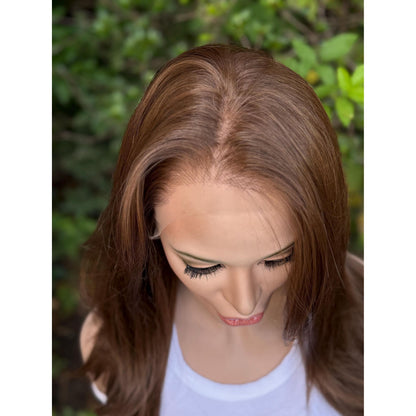 DIANA Medium Warm Brown Wig, Lace Front, 13x6 Hand-Tied, Human Hair Blend, Reverse Blowout Hairstyle 15” Layered