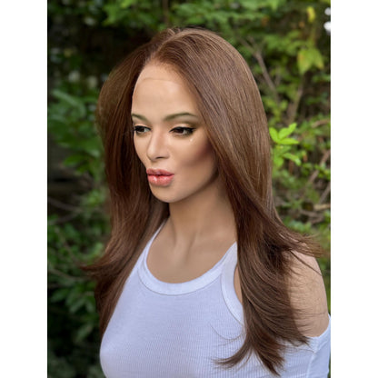 DIANA Medium Warm Brown Wig, Lace Front, 13x6 Hand-Tied, Human Hair Blend, Reverse Blowout Hairstyle 15” Layered