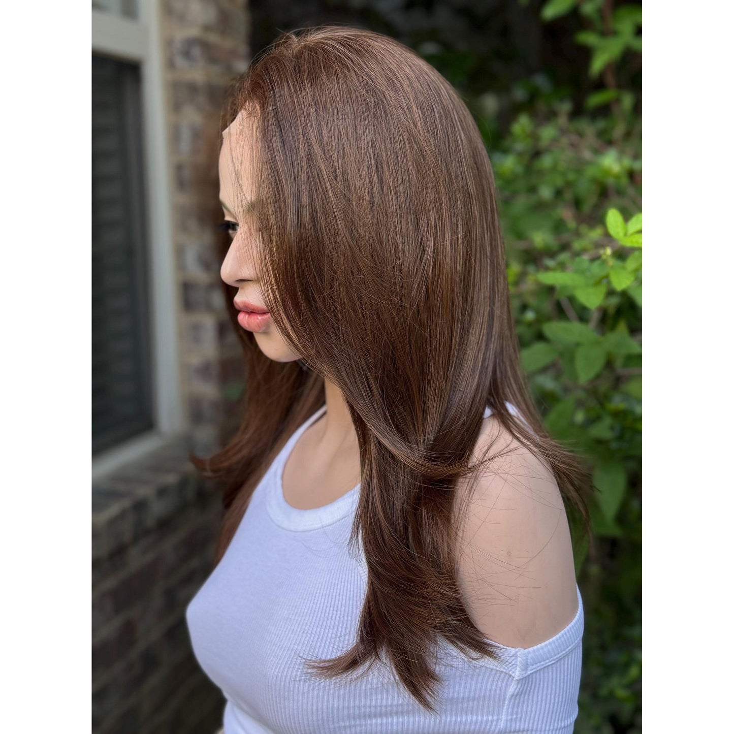 DIANA Medium Warm Brown Wig, Lace Front, 13x6 Hand-Tied, Human Hair Blend, Reverse Blowout Hairstyle 15” Layered