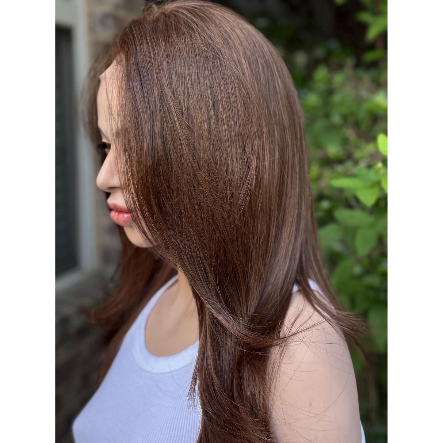 DIANA Medium Warm Brown Wig, Lace Front, 13x6 Hand-Tied, Human Hair Blend, Reverse Blowout Hairstyle 15” Layered