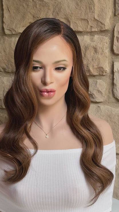 Wig 100% Human Hair | Medium Brown, Copper Balayage | 18” Lace Top 130 Density | Brunette with Highlights