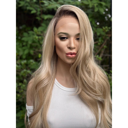 HEATHER RAE Rooted Sugar Cookie Blonde Wig, Lace Front, 13x4 Hand-Tied, Human Hair Blend