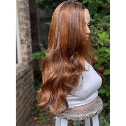 ADRIENA Burnt Cinnamon Copper Brown Balayage Wig, Lace Front, 13x4 Hand-Tied, Human Hair Blend