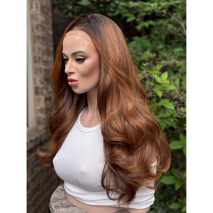 ADRIENA Burnt Cinnamon Copper Brown Balayage Wig, Lace Front, 13x4 Hand-Tied, Human Hair Blend