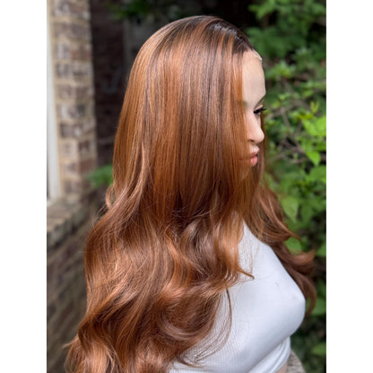ADRIENA Burnt Cinnamon Copper Brown Balayage Wig, Lace Front, 13x4 Hand-Tied, Human Hair Blend