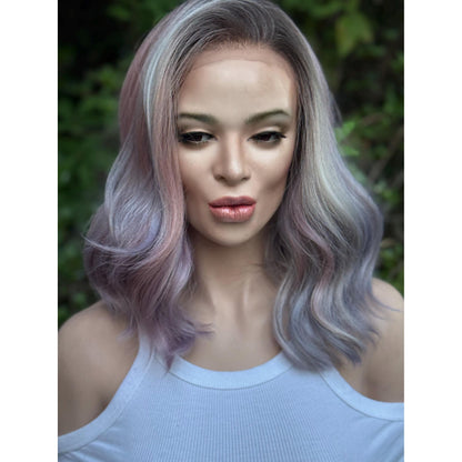 DREAMCATCHER Pastel Purple Pink Blue Balayage Wig, Lace Front, 13x4 Hand-Tied, Human Hair Blend