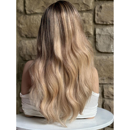PAIGE Creamy Vanilla Blonde Wig | Ash Brown Soft Natural Roots | HD Invisible Transparent Lace Front | Blond with Balayage | 100% Human Hair, Custom Made to Order
