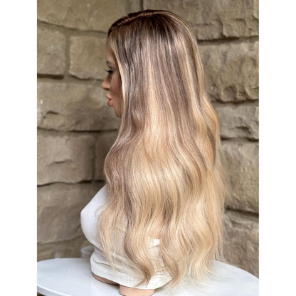 PAIGE Creamy Vanilla Blonde Wig | Ash Brown Soft Natural Roots | HD Invisible Transparent Lace Front | Blond with Balayage | 100% Human Hair, Custom Made to Order