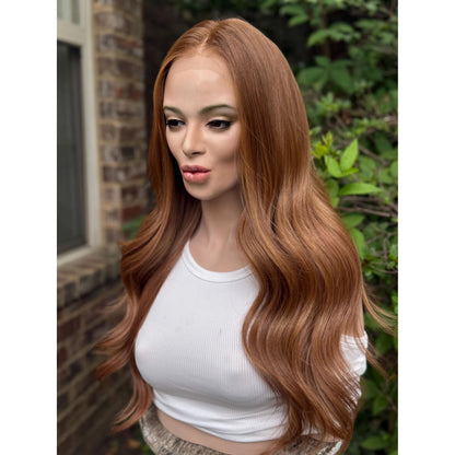 ROBIN Copper Ginger Sun-kissed Rooty Brown Balayage Wig, Lace Front, 13x4 Hand-Tied, Human Hair Blend