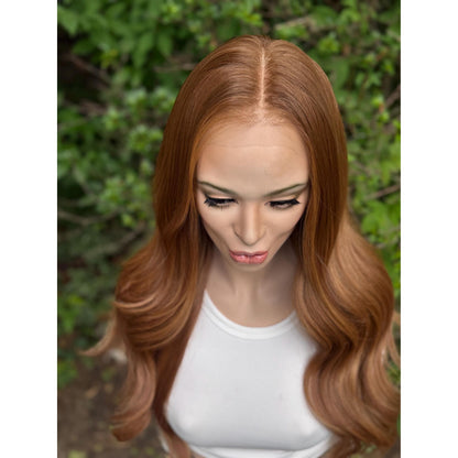ROBIN Copper Ginger Sun-kissed Rooty Brown Balayage Wig, Lace Front, 13x4 Hand-Tied, Human Hair Blend