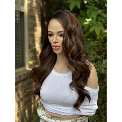ARDEN Brunette Brown Ginger Balayage Wig, Lace Front, 13x4 Hand-Tied, Human Hair Blend