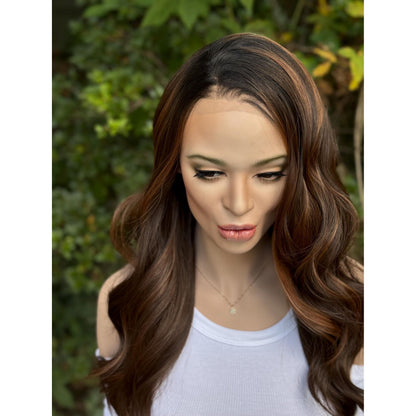 ARDEN Brunette Brown Ginger Balayage Wig, Lace Front, 13x4 Hand-Tied, Human Hair Blend