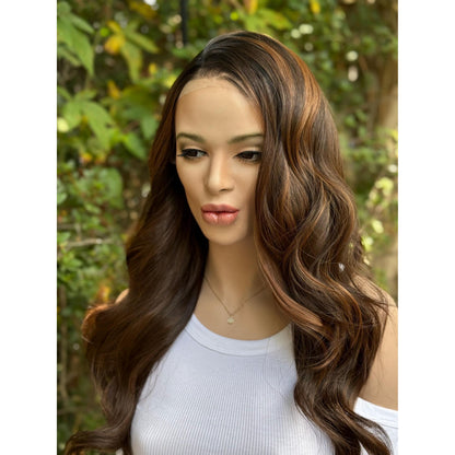ARDEN Brunette Brown Ginger Balayage Wig, Lace Front, 13x4 Hand-Tied, Human Hair Blend