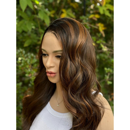 ARDEN Brunette Brown Ginger Balayage Wig, Lace Front, 13x4 Hand-Tied, Human Hair Blend