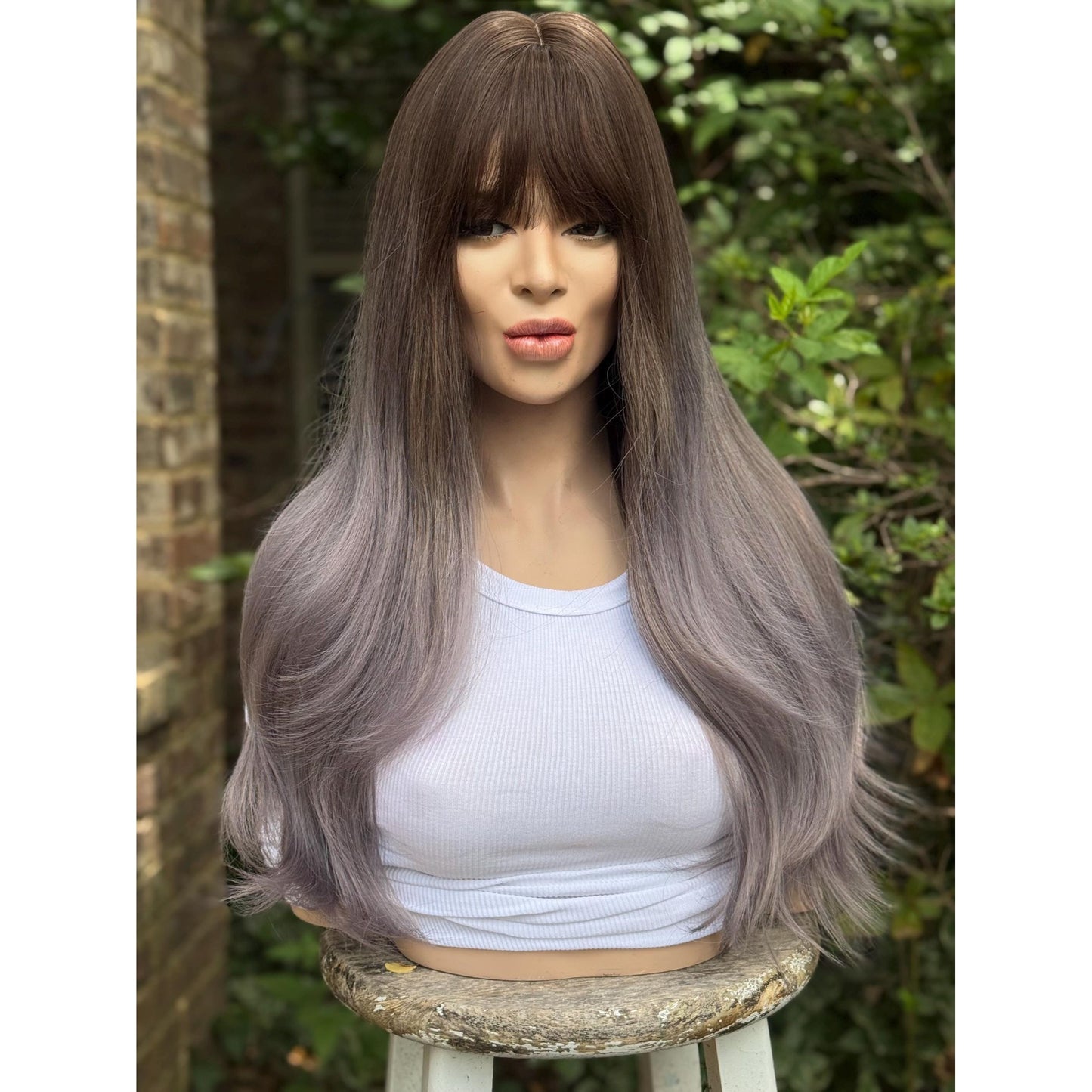 SMOKEY Dusty Heather Grey Lilac Purple Ombré Wig, Lightweight Full Cap, Heat Safe Glueless Unit with French Bangs