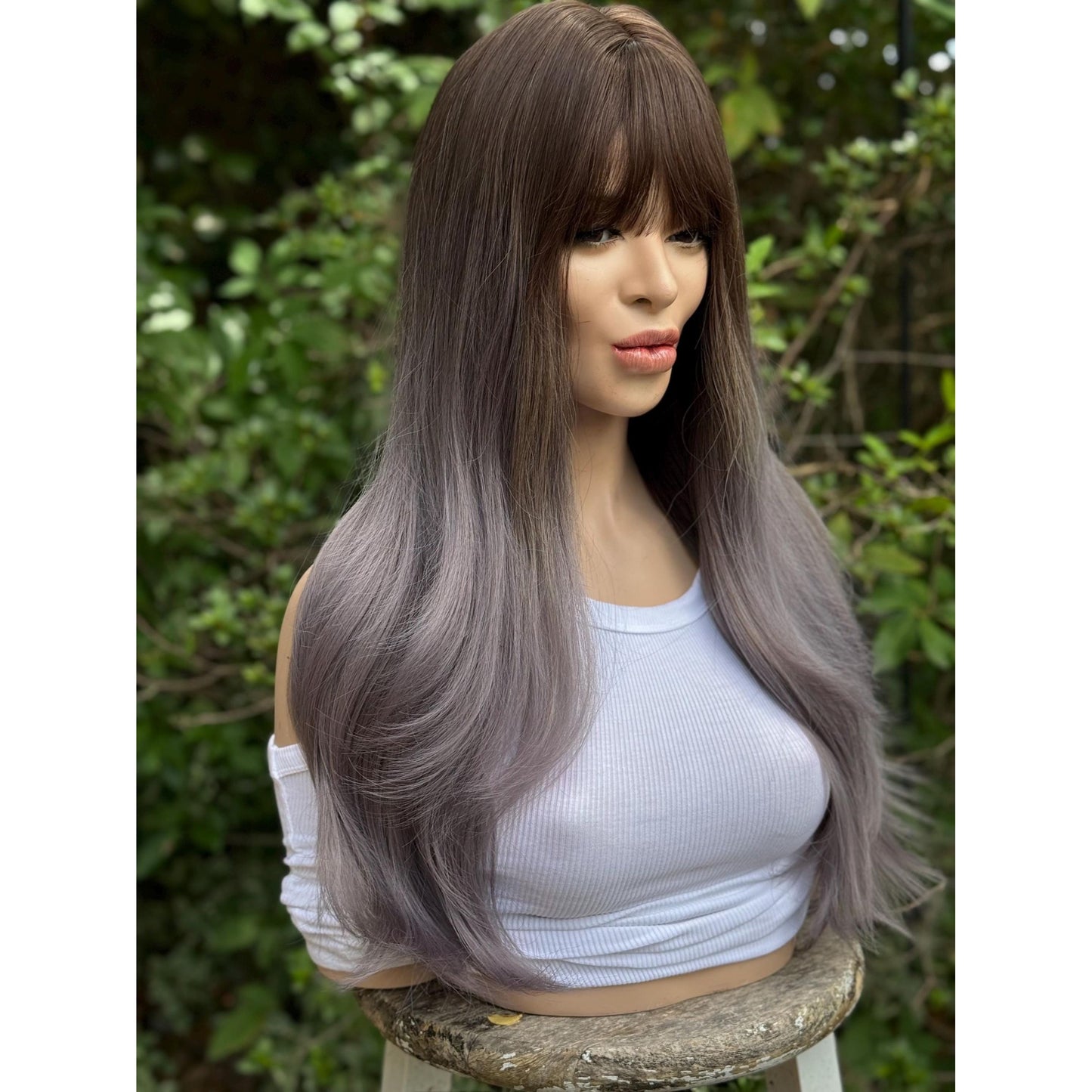 SMOKEY Dusty Heather Grey Lilac Purple Ombré Wig, Lightweight Full Cap, Heat Safe Glueless Unit with French Bangs