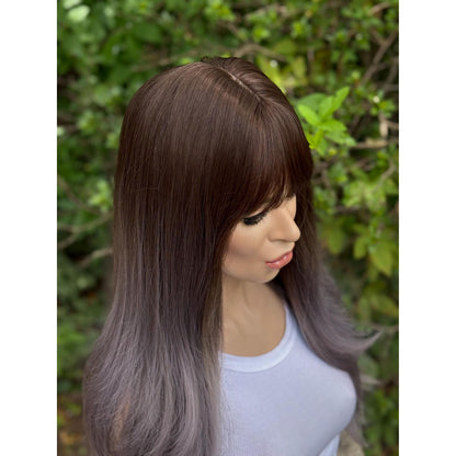 SMOKEY Dusty Heather Grey Lilac Purple Ombré Wig, Lightweight Full Cap, Heat Safe Glueless Unit with French Bangs