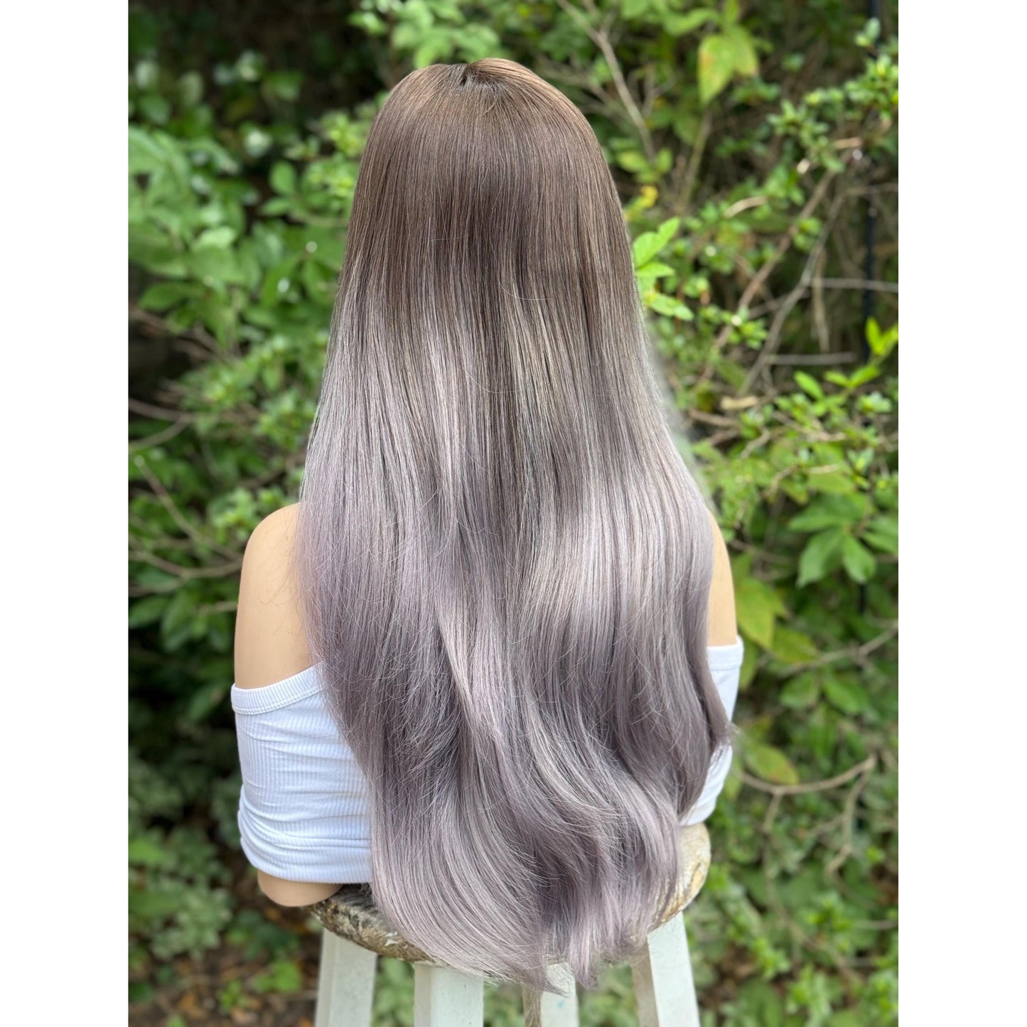 SMOKEY Dusty Heather Grey Lilac Purple Ombré Wig, Lightweight Full Cap, Heat Safe Glueless Unit with French Bangs