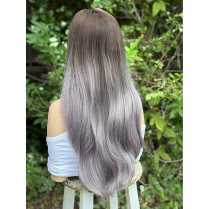 SMOKEY Dusty Heather Grey Lilac Purple Ombré Wig, Lightweight Full Cap, Heat Safe Glueless Unit with French Bangs