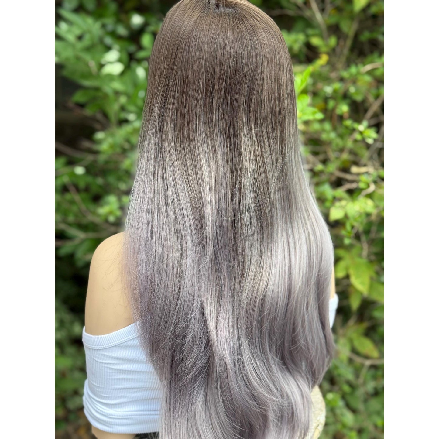 SMOKEY Dusty Heather Grey Lilac Purple Ombré Wig, Lightweight Full Cap, Heat Safe Glueless Unit with French Bangs