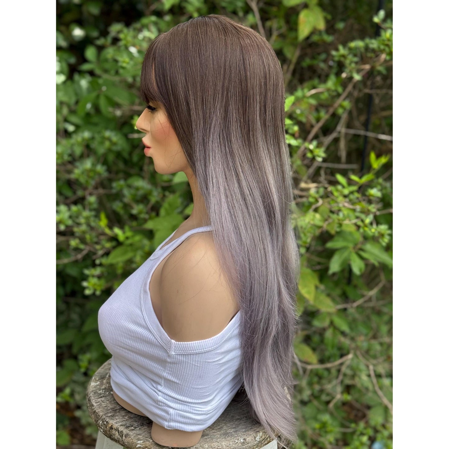 SMOKEY Dusty Heather Grey Lilac Purple Ombré Wig, Lightweight Full Cap, Heat Safe Glueless Unit with French Bangs