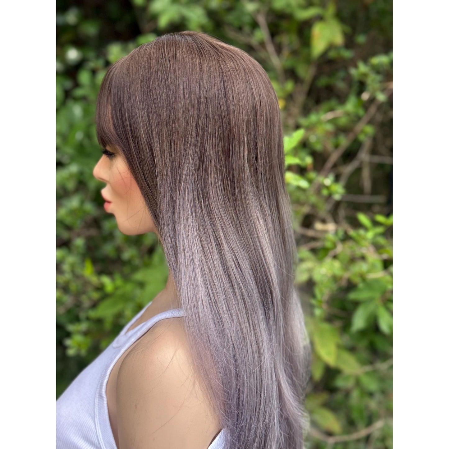 SMOKEY Dusty Heather Grey Lilac Purple Ombré Wig, Lightweight Full Cap, Heat Safe Glueless Unit with French Bangs