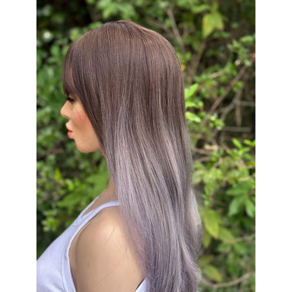 SMOKEY Dusty Heather Grey Lilac Purple Ombré Wig, Lightweight Full Cap, Heat Safe Glueless Unit with French Bangs
